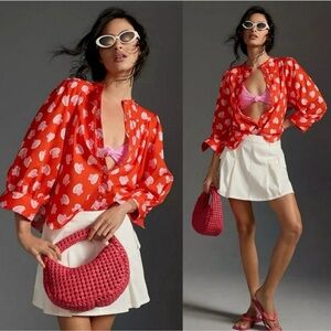 Anthropologie Maeve Red Seashell Shell Print Long Sleeve Femme Collarless Shirt